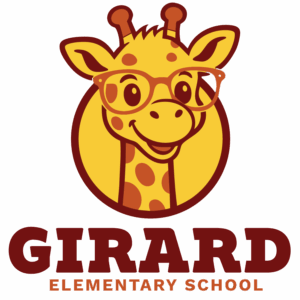 Logo for Girard Elementary School featuring a smiling cartoon giraffe inside a circle. Below the giraffe are the words “Girard Elementary School” in bold maroon and orange text.