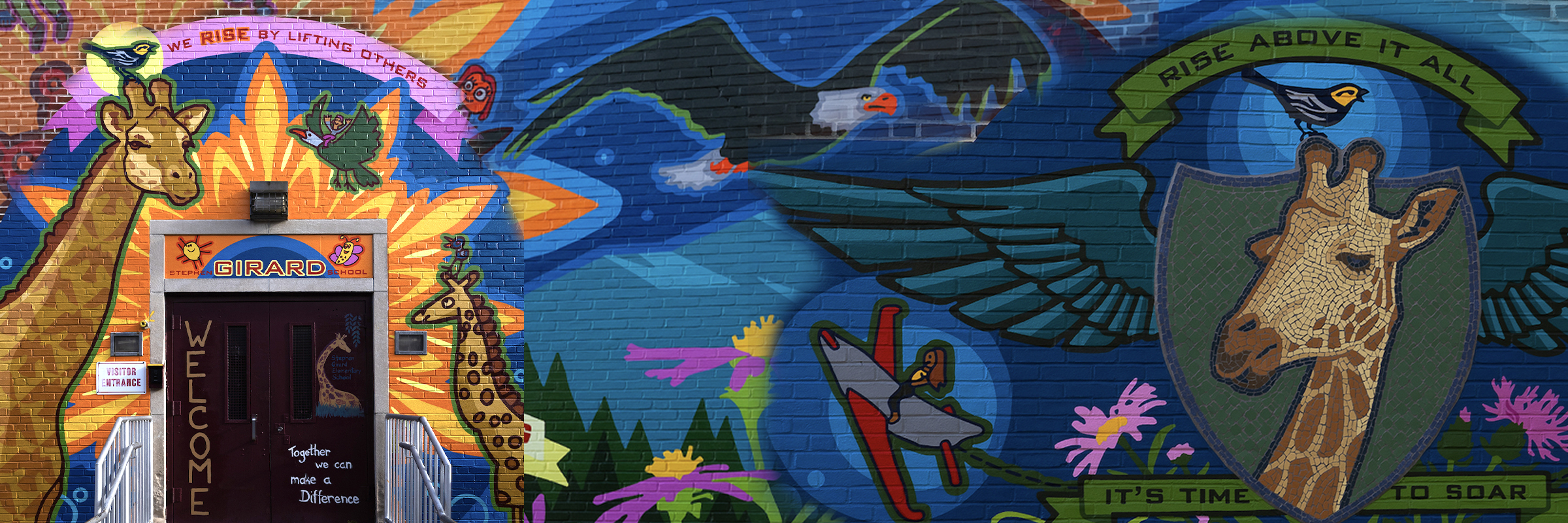 A colorful mural at Stephen Girard Elementary School in Philadelphia featuring giraffes, birds, and the message “We rise by lifting others.”